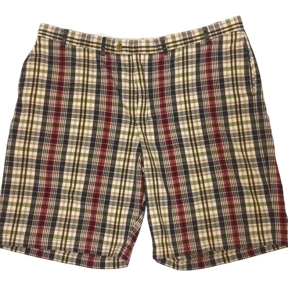 Land's End Bermuda GOLF Shorts Mens Size W44 Blue Yellow Red Plaid Preppy Travel - Picture 1 of 10
